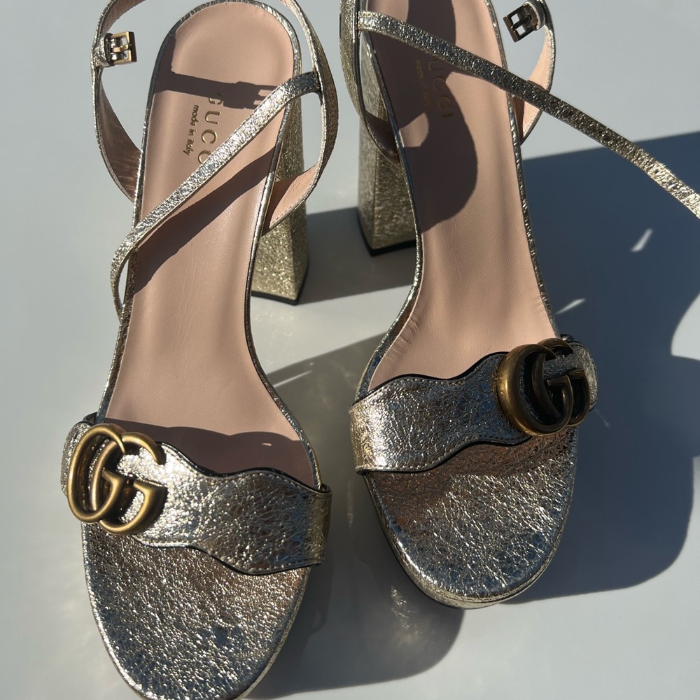Gucci Sandal Heel - Metallic Leather with Double G